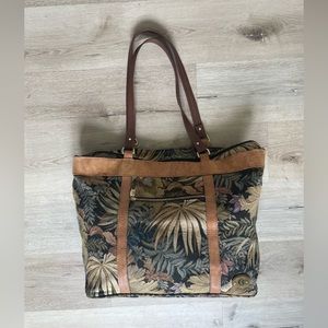 Vintage 90’s Tapestry and Leather duffle carpet bag tote satchel